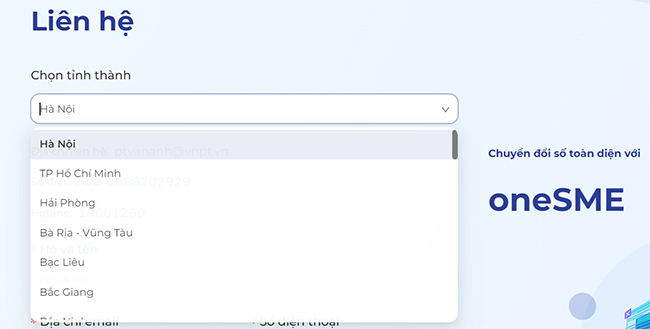 Khách hàng chọn thông tin tỉnh thành trên giao diện oneSME