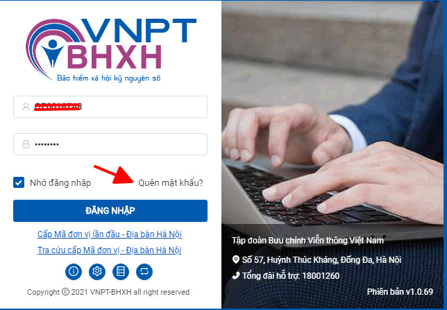 chọn mục quên mật khẩu trên giao diện đăng nhập của phần mềm BHXH VNPT