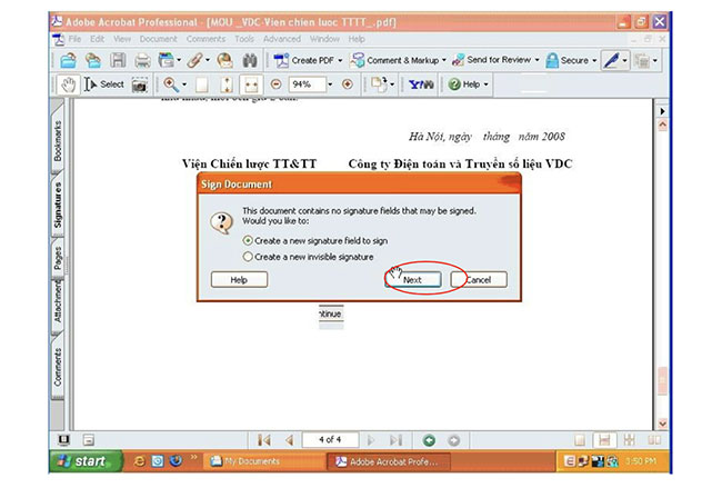 Chọn Next để tiếp tục ký