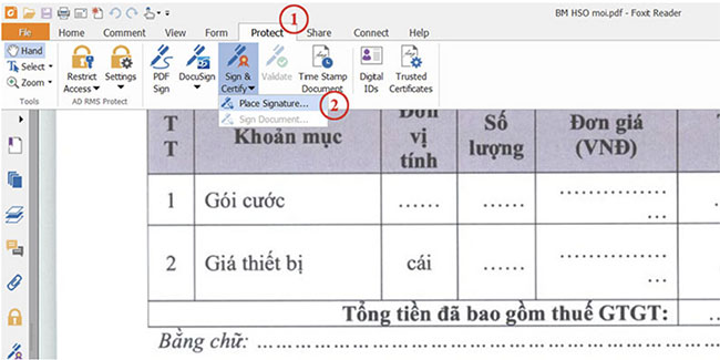 Bước 1: Mở file PDF cần ký số trên Foxit Reader. Tại thanh công cụ, bạn chọn tab Protect > Chọn tính năng Sign & Certify rồi ấn Place Signature….