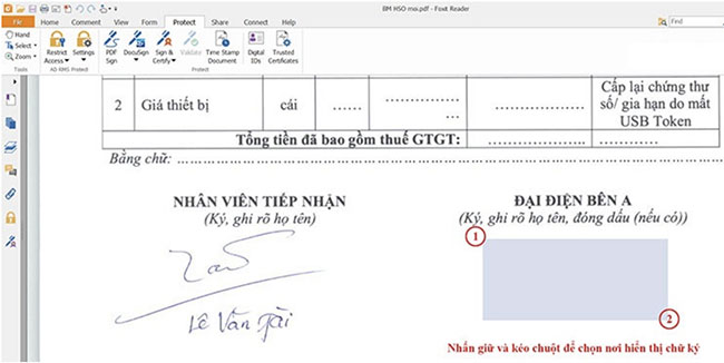 Bước 2: Di chuột đến vị trí cần ký số và tạo khung cho chữ ký.