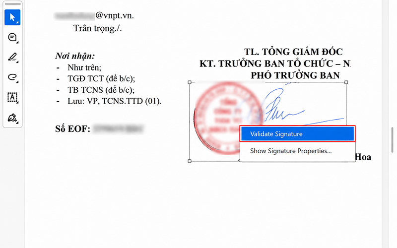 Vào Validate Signatures để xác thực chữ ký số