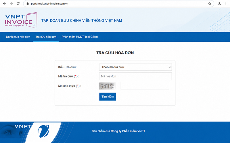 Giao diện của cổng tra cứu VNPT Invoice