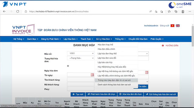 Giao diện trang hóa đơn điện tử VNPT Invoice