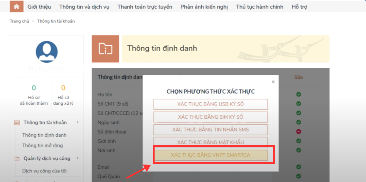 Chọn hình thức "Xác thực bằng VNPT SmartCA"