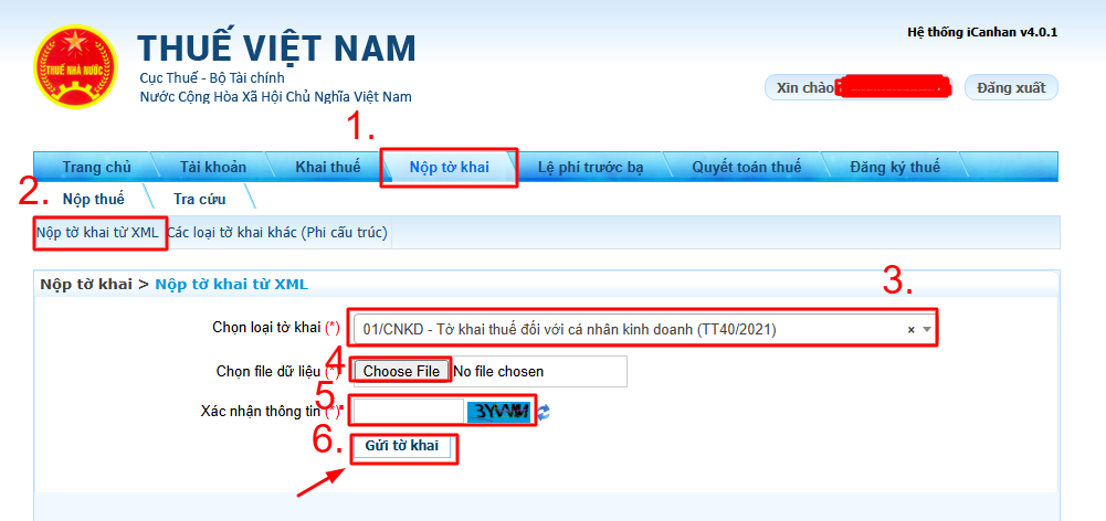 Chọn "Nộp tờ khai" -> Chọn "Nộp tờ khai XML" -> Chọn loại tờ khai “01/CNKD