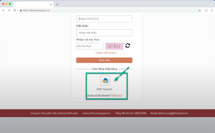 Chọn "Tài khoản được cấp bởi Cổng Dịch vụ công Quốc gia", sau đó chọn "VNPT SmartCA