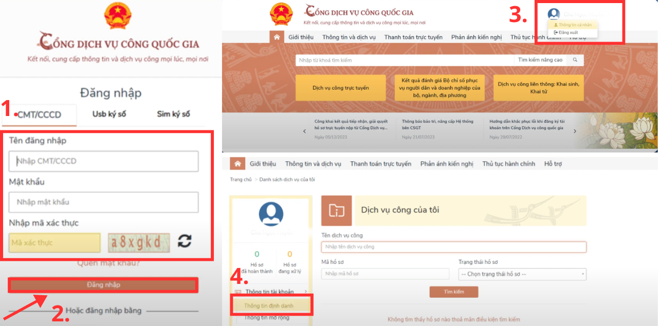 Đăng nhập tài khoản -> Vào mục "Thông tin cá nhân" -> Chọn "Thông tin định danh"
