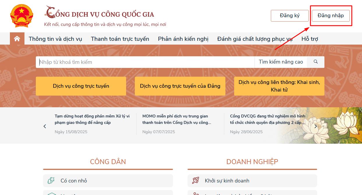 Đăng nhập vào Cổng Dịch vụ công