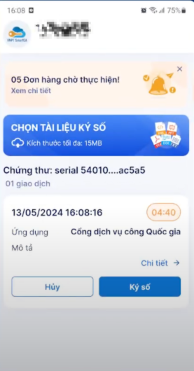 Mở VNPT SmartCA -> bấm “Ký số” -> Xác nhận yêu cầu đăng nhập bằng sinh trắc học hoặc mã PIN