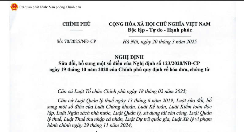 Nghị định 70/2025/NĐ-CP là văn bản sửa đổi, bổ sung một số điều của Nghị định 123/2020/NĐ-CP