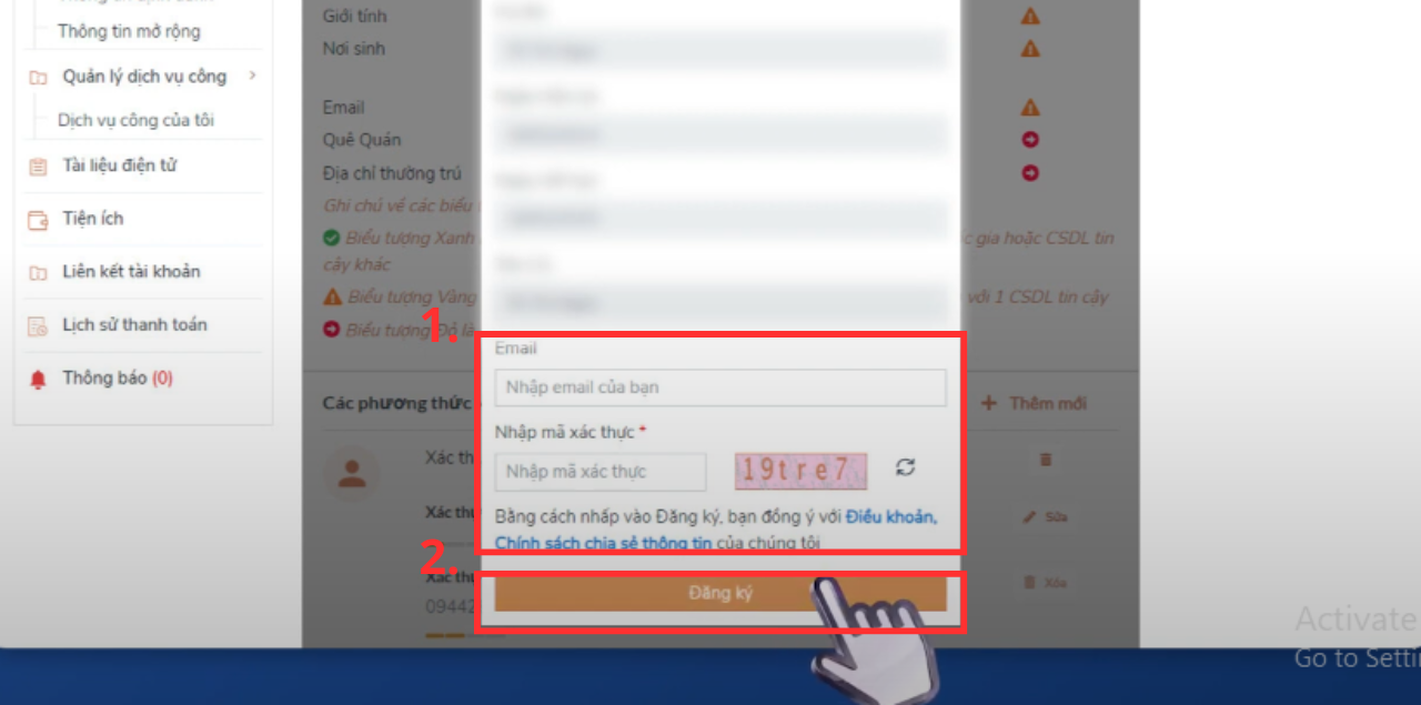 Nhập địa chỉ email và mã xác thực và ấn “Đăng ký”