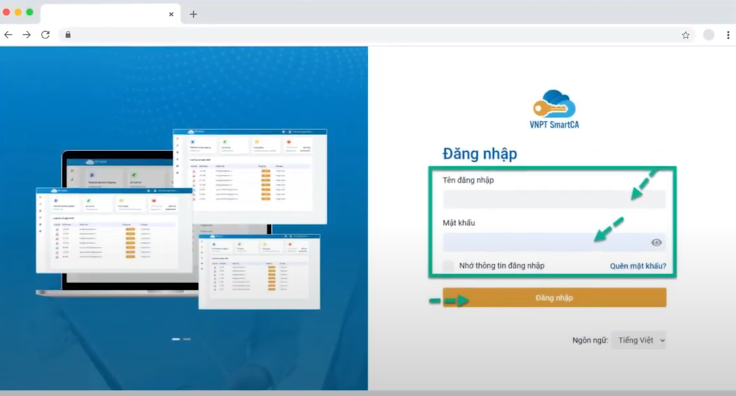 Nhập tên người dùng và mật khẩu tài khoản SmartCA -> “Đăng nhập”