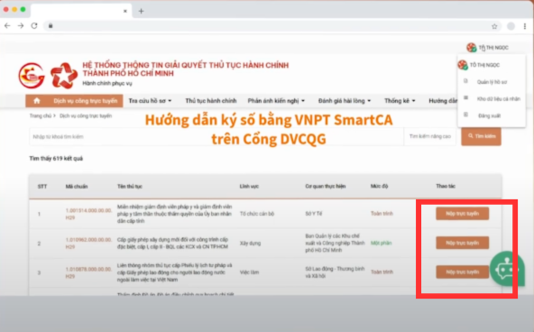 Truy cập trang Dịch vụ công của tỉnh -> Chọn Dịch vụ công -> Nhấn vào nút "Nộp trực tuyến"