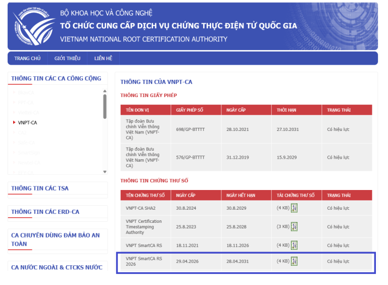 Bộ Khoa học và Công nghệ công nhận chứng thư số của  dịch vụ chữ ký số VNPT SmartCA giai đoạn 2026-2031