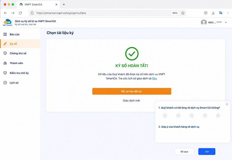 Ký số hoàn tất bẳng VNPT Smart CA trên máy tính