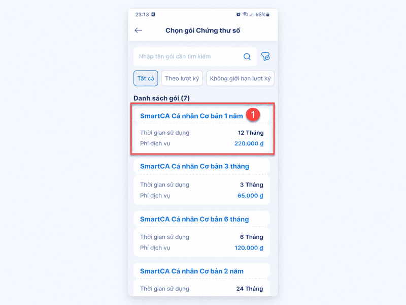 gói chứng thư số smart ca trên app
