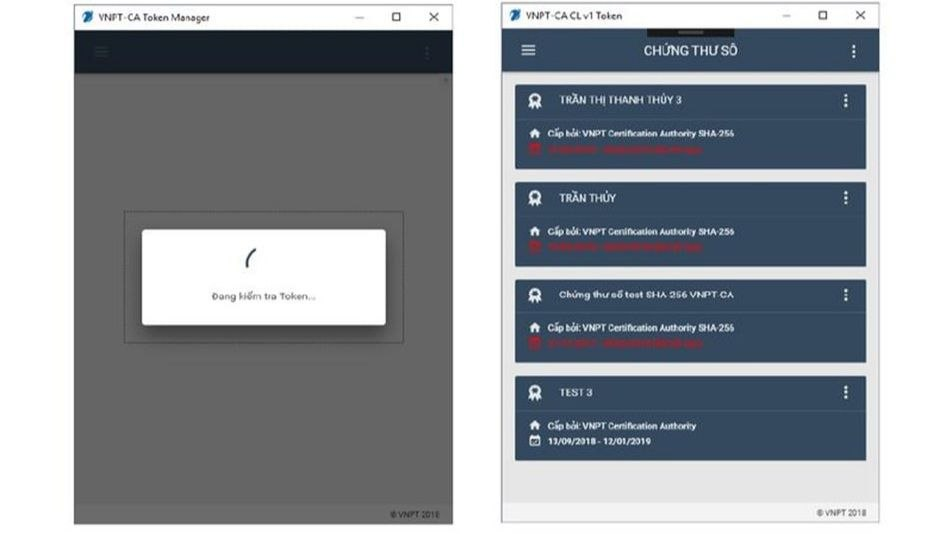 VNPT-CA Token Manager nhận USB Token và hiển thị danh sách chứng thư số.