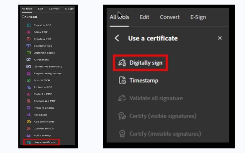 Mở công cụ Use a certificate và chọn Digitally Sign trong Adobe Acrobat Reader