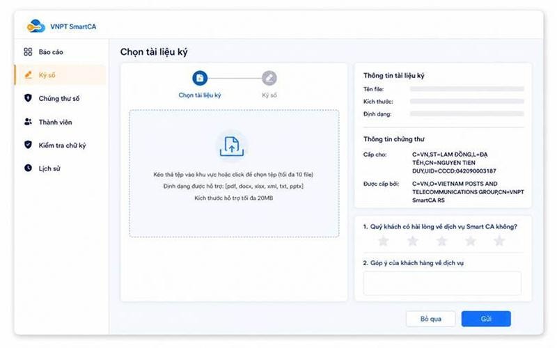 Giao diện chọn tài liệu và chứng thư số trên VNPT SmartCA