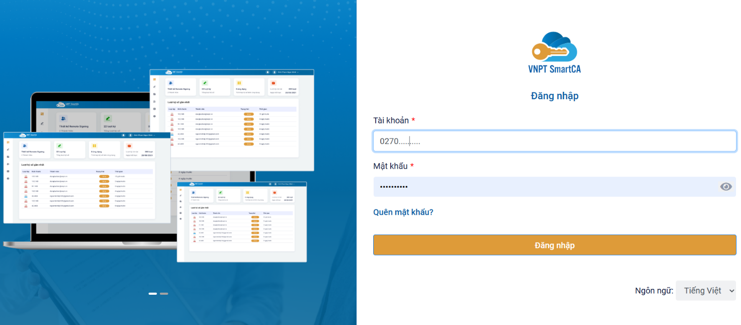 Giao diện đăng nhập VNPT SmartCA trên trình duyệt