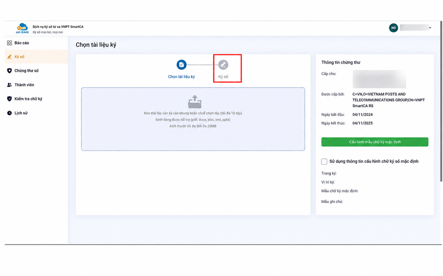 Màn hình Ký số trên VNPT SmartCA bản web với vùng Chọn tài liệu ký