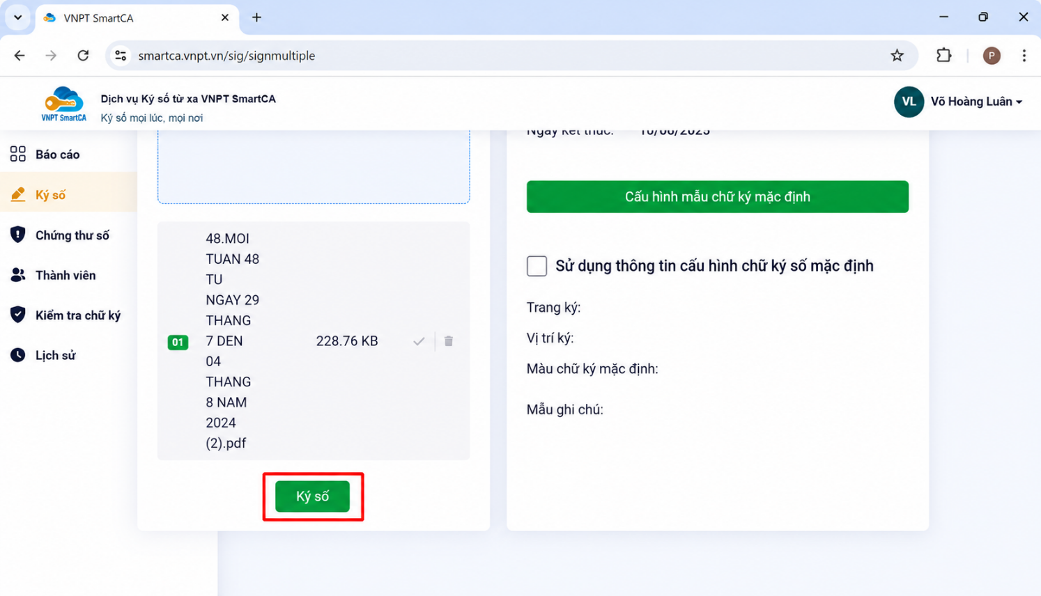Khu vực chọn tài liệu và cấu hình chữ ký trên giao diện VNPT SmartCA bản web
