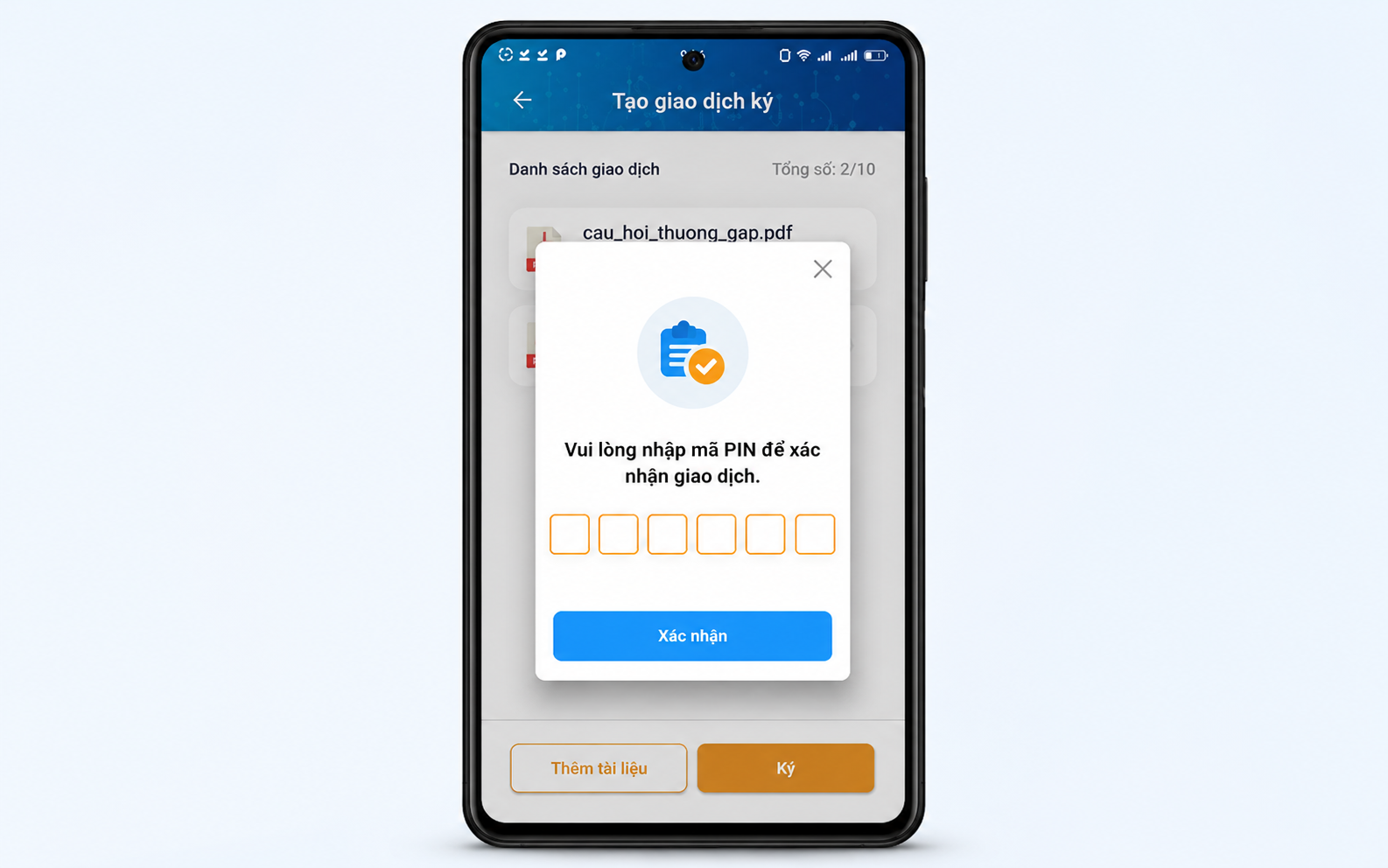 Màn hình nhập mã PIN để xác nhận giao dịch trên ứng dụng VNPT SmartCA