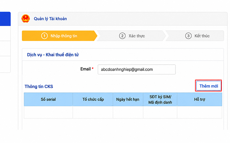 khai báo chứng thư số lần đầu