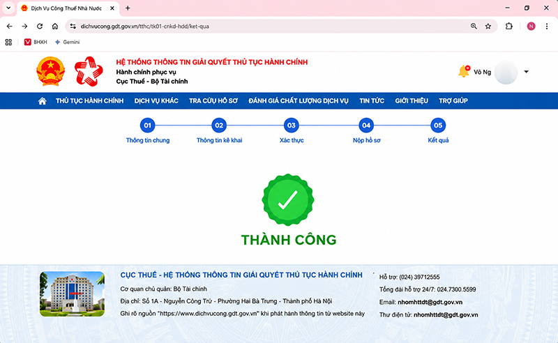 gửi hồ sơ đăng ký thành công