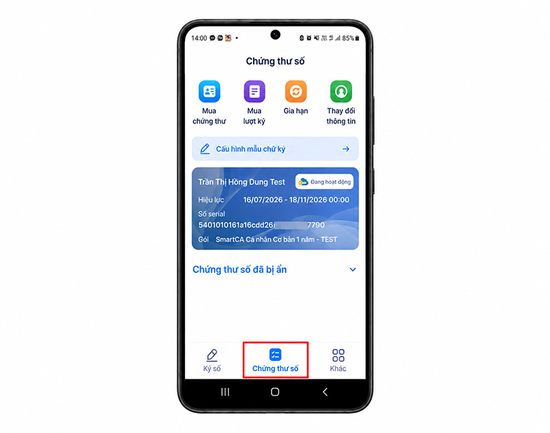 Giao diện Chứng thư số VNPT SmartCA