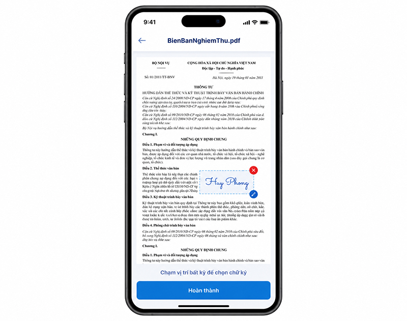 Màn hình đặt mẫu và vị trí chữ ký trên tài liệu PDF