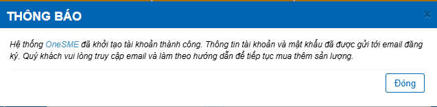 Thông báo khởi tạo tài khoản oneSME thành công
