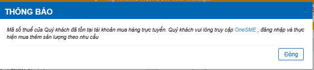 thông báo mã số thuế đã có tài khoản oneSME